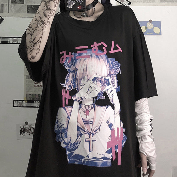 Dark anime print short sleeve T-shirt yc23440 – anibiu
