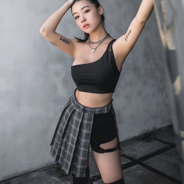 Hip Hop shorts + plaid skirt set yc20939