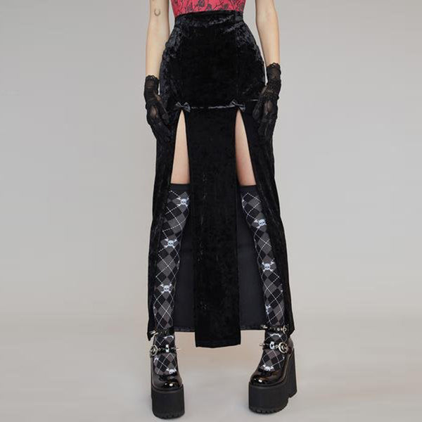Dark bow velvet slit skirt yc50119